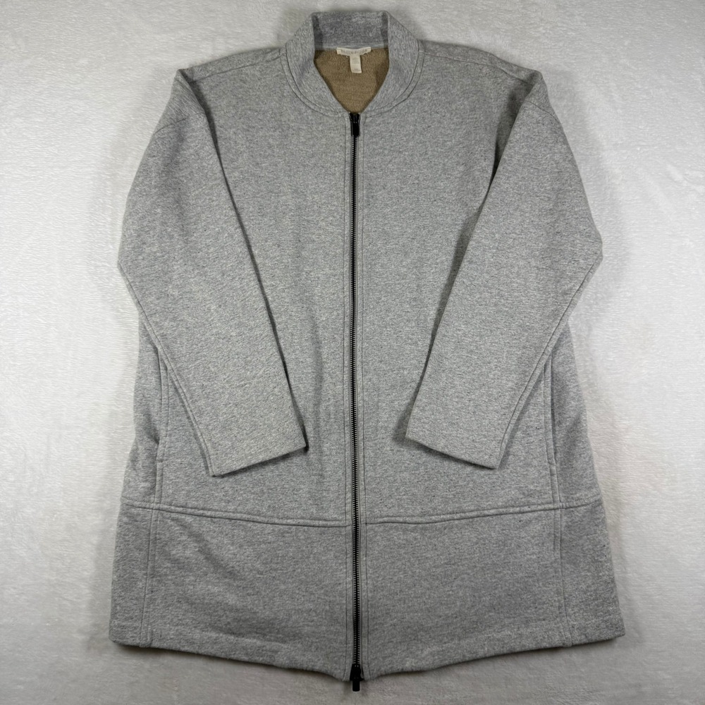 Eileen Fisher Gray Cotton Blend Fleece Lined Long Bomber Zip Jacket Small S/P